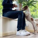 trainer shares food with a Jack Russell Terrier