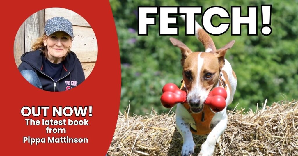 photo of JRT jumping with a red bone in her mouth and an inset photo of Pippa Mattinson author of Fetch